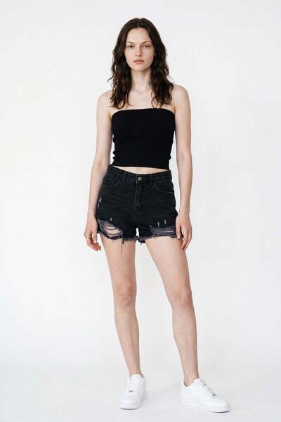 HAKKE Women's Ripped Detailed Tassel Hem Jean Shorts