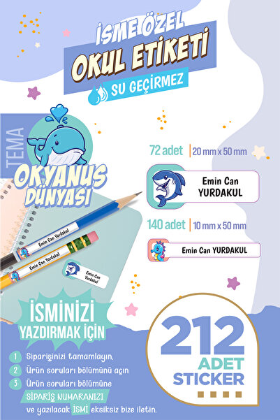 colortouch 212 ADET Okyanus Dünyası Temalı Okul Etiketi Sticker Kalem Etiket ...