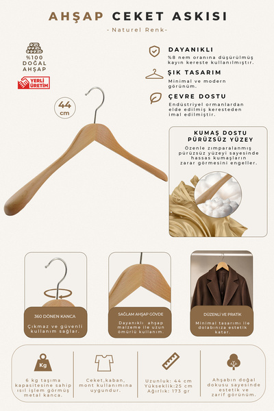 NYN Wooden M-023 Coat Hanger Natural Color 4 Pieces 44 cm
