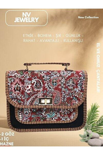 NV JEWELRY Bohem Desenli Lacivert El ve Omuz Çantası