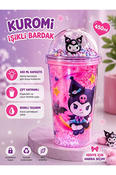 PeriMila Kuromi Figürlü Işıklı Pipetli Bardak Çift Cidarlı 450ml