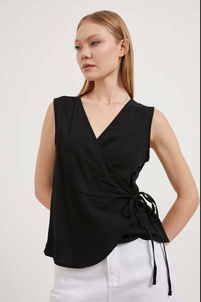 Arma Life Women's Side Tie V-Neck Strap Summer Black Blouse