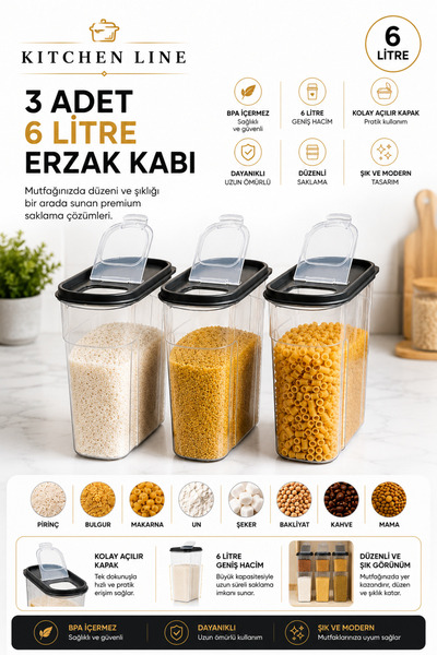 Kitchen Line مجموعة من 3 حاويات لتخزين الطعام بسعة 6 لترات عالية الجودة