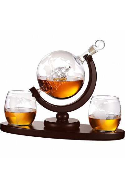 Elindor Set de decantoare whisky Globe cu 2 pahare gravate și suport din lemn...