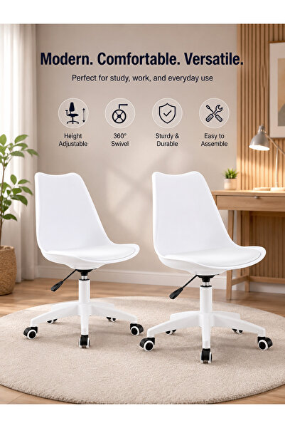 Taimi Set of 2-Adjustable Swivel 360° Armless Desk Chair w/ wheels,White- 77-...