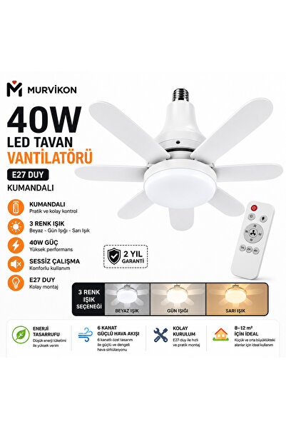 Ventus 40W LED Tavan Vantilatörü E27 Kumandalı 6 Kanat 3 Renk Işıklı Sessiz T...
