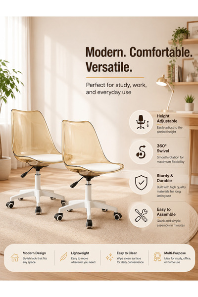 Taimi Set of 2-Adjustable Swivel 360° Armless Desk Chair w/ wheels,Brown- 77-...
