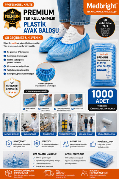 MEDBRIGHT 1000li Mavi Galoş Tek Kullanımlık Ayakkabı Kılıf Kaymaz Yağmur Su T...