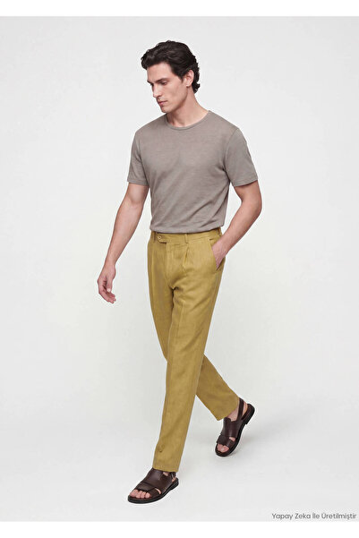 Ramsey Oil Green Plain Woven Regular Fit Casual 100% Linen Trousers