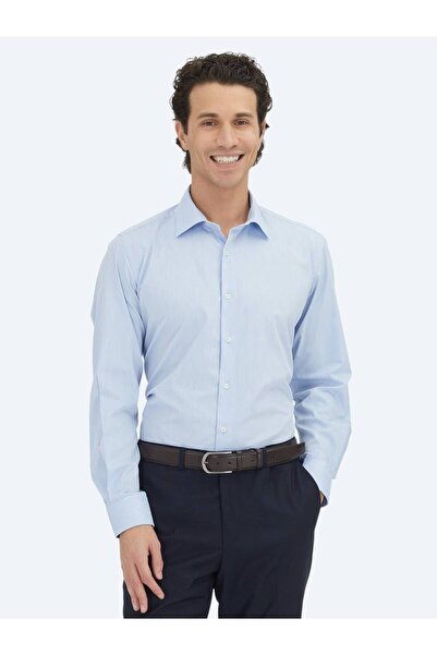 Kip Blue Regular Fit Long Woven Classic Cotton Blend Shirt