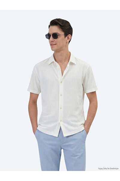 Kip Ekru Desenli Regular Fit Kısa Casual Gömlek