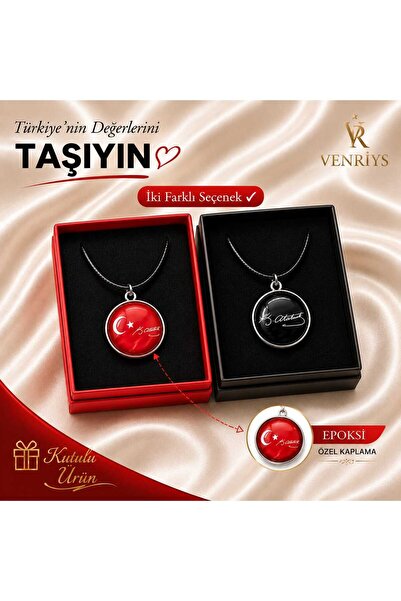 Venriys Ay Yıldız Türk Bayraklı Kolye-Kemal Atatürk İmzalı Kolye-Kırmızı-Siya...