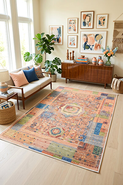 Decomia Home Etnik Vintage Renkli Kaymaz Dokuma Tabanlı Yıkanabilir Şönil Kil...