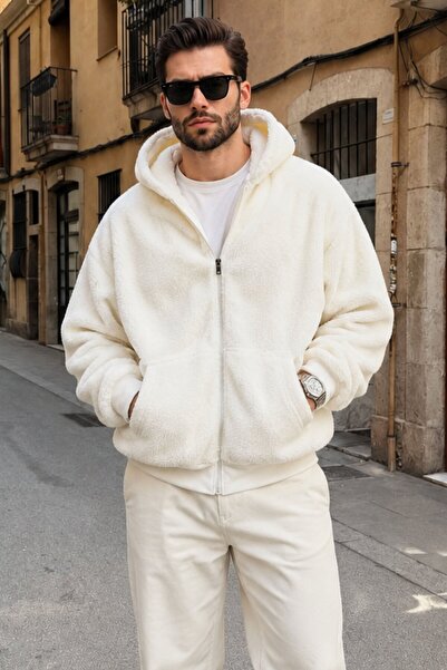 Madmext Ecru Plush Over Fit Hooded Zippered Men's Sweatshirt 6049