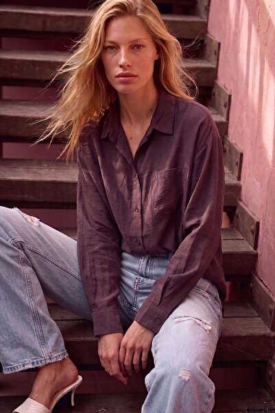 Shopping Shop Modal Kumaş Açık Yaka Oversize Gömlek BORDO