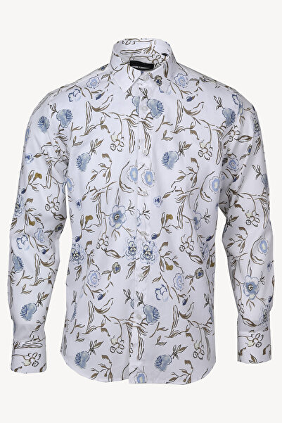 Ysf Erkek Beyaz Çiçek Desenli Slim Fit Gömlek