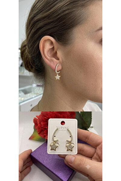 XUPING JEWELRY ZİRKON TAŞLI 14K RENGİ KAYAN YILDIZ MODEL ÇELİK KÜPE
