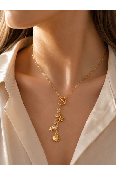 TrendimAksesuar Y-Shaped Steel Necklace with Marine Figures Detail