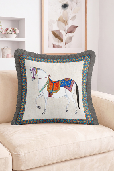 Realhomes Traditional Saddle White Horse Figured Geometric Framed Fringed Thr...