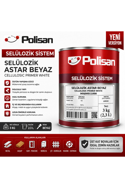 Polisan Selülozik Astar Beyaz 3 Kg 2.3 L Yeni Versiyon Yerli Üretim
