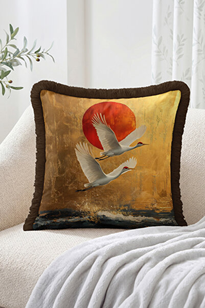 Realhomes Red Sun in Front of the Sun Flying Crane Pattern Mustard Tone Fring...