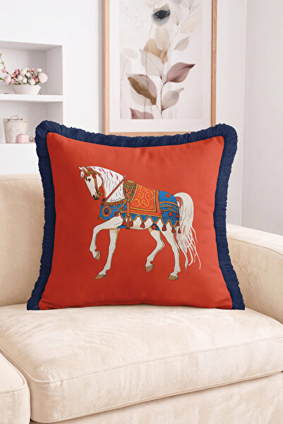 Realhomes Red Floor Fringed Cushion Cover with Traditional Embellishments and...