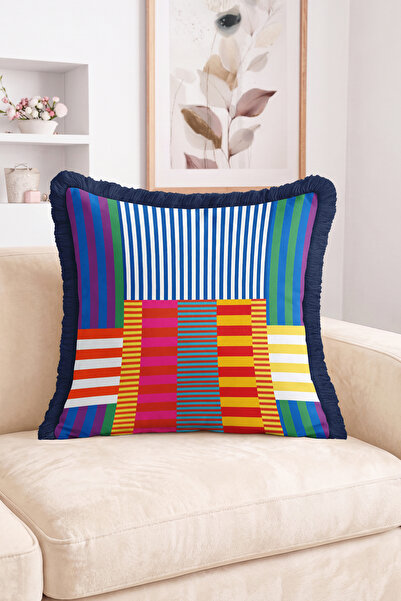 Realhomes Colorful Striped Patchwork Patterned Fringed Throw Pillow Cover - M...