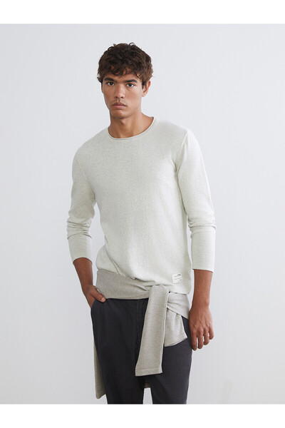 LC Waikiki Nevavm Xside Beige Knitwear Plain Oval Collar Men's Sweater with a...
