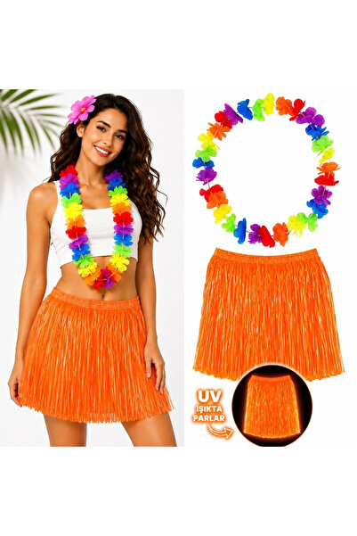 Generic Brand Neon orange hawaiian skirt 40 cm and colorful hawaiian necklace