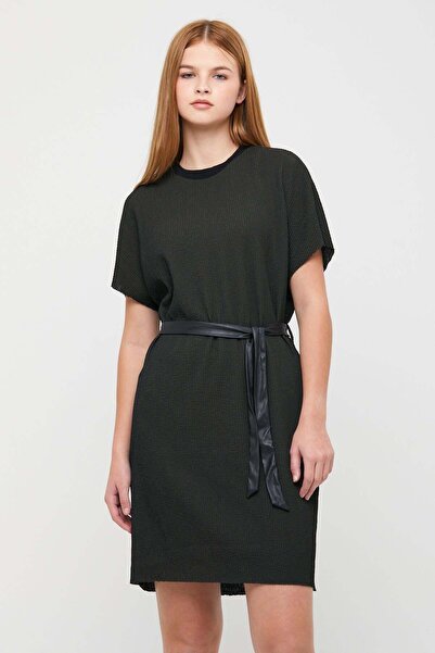 Polo State Women's Crew Neck Jacquard Waist Belted Short Dress Khaki