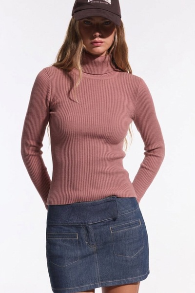 comstar Women's Casual Turtleneck Turtleneck Pink Ribbed Sweater