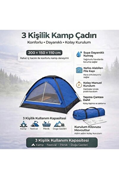 Go İthalat 3 Kişilik Manuel Kamp Çadırı - Düz Kapılı Outdoor Aile, Doğa, Pikn...