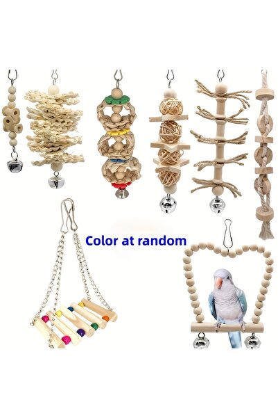Choice Random Color 8 Pcs/set Pet Bird Swing Chew Bird Toys, Wood Hanging Bel...