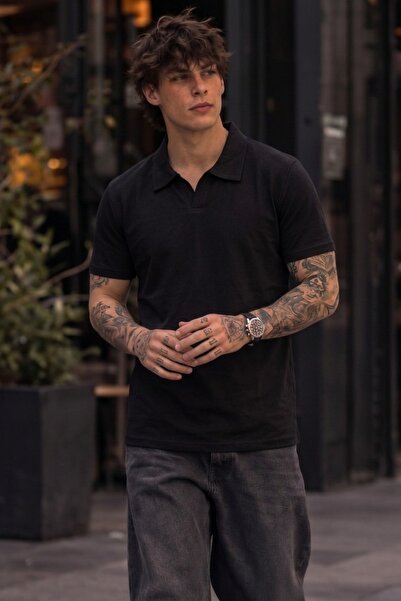 COMBİNE MİCHAİL Men's 100% Cotton Black Polo Neck T-Shirt