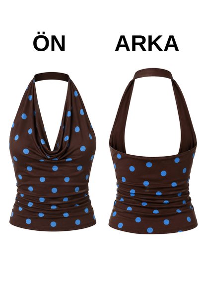 DI LORIA Women's Brown - Blue Polka Dot Degaje Collar Crop Top