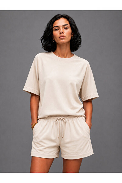 olleo studio Women's Beige Soft Textured Modal Short Sleeve Tshirt