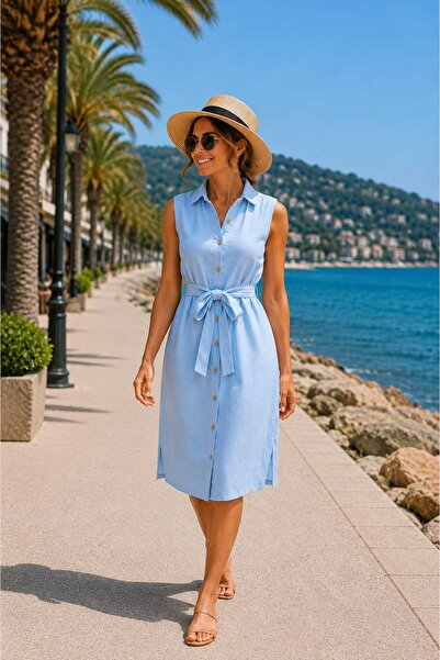 MODA Yıkamalı Müslin Kumaş Kuşaklı Gömlek Yaka Midi Elbise