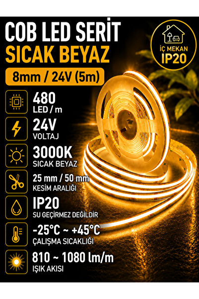 Nexo Cob şerit led sıcak Beyaz 8mm/24V (5 Metre)