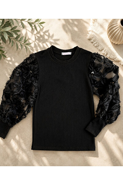 eladamoda Black Sleeve Part Embroidery Detailed Girls' Cotton Blouse