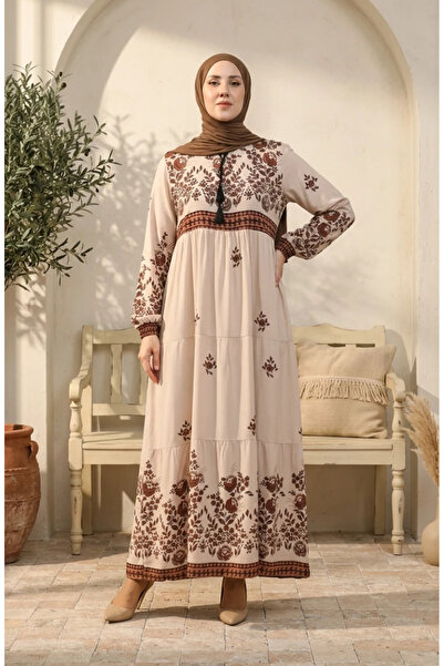 sefamerve Rochie din viscoză cu modele florale de mărime Plus 4084-02 Bej