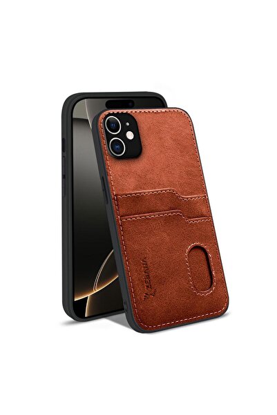 Zebana Apple iPhone 11 Uyumlu Kılıf Kartlıklı Lüx Deri Kılıf Kahverengi