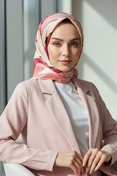 Vissona % 57 İPEK % 43 VİSKON Twill Geometrik Bulut Desenli Pudra Gül Kurusu ...