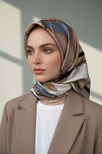 Vissona مسحوق حرير تويل 100% بنمط هندسي - وشاح فضي اللون 90x90 شكل الخياطة: خ...