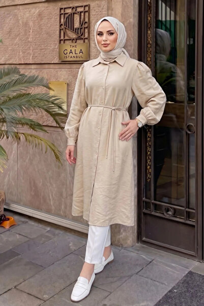 Modestim Tesettür Kadın Trend Tesettür Bej Cupro Kumaş Gömlek Tunik Beli Kuşa...