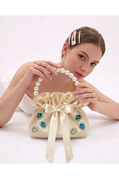 pegu baby collection Ekru Cotton Satin Bag, with Crystal Glass Stone Decorati...