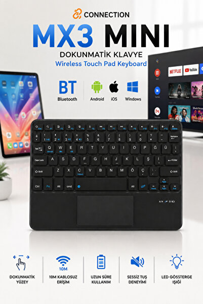 Zineets Kablosuz Şarjlı Bluetooth Klavye Touchpadli Set Ultra Slim Tablet Tel...