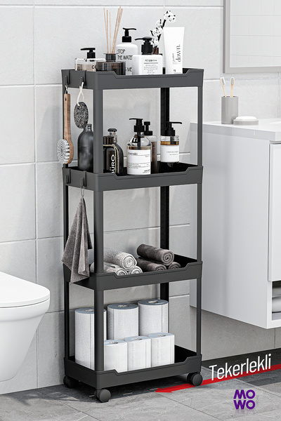 Mowo Home Mowo 4 Katlı Siyah Tekerlekli Banyo Rafı, Mutfak Rafı, Havluluk, De...