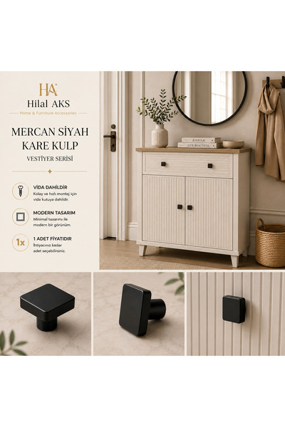 HİLAL AKS Square Button (5 Pieces) Single Hole Matte Black Cabinet Drawer War...