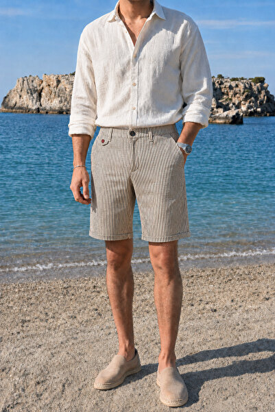 inpool Men's White-Black Slim Fit Seersucker Striped Casual Stretch Shorts wi...