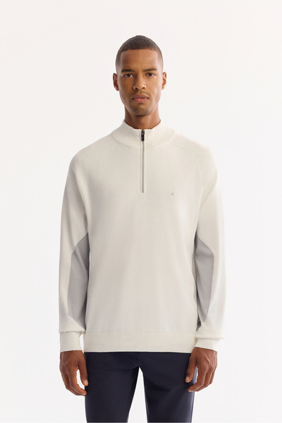 Avva Men's Ecru Stand Collar Zippered Rayon Non-Pilling Knitwear Regular Fit ...